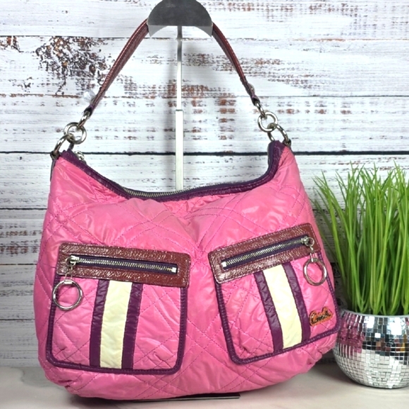 Coach Poppy Ski Bunny Bag Pink Purple Quilted Hobo Puffer Nylon Shoulder Hand - Picture 1 of 16